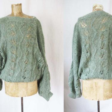 Vintage Baggy Mohair Knit Sweater Large - Oversized Open Weave Pointelle Knit Pullover - Sage Green Oversized Knit Sweater 