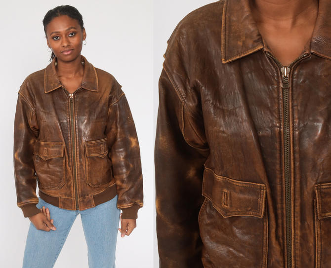 Vintage brown 80's sale leather biker bomber jacket {L143}