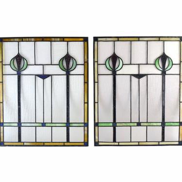 Pair Antique Art Nouveau Art Deco Stained Glass Windows Vertical Scepters Stylized Flowers 