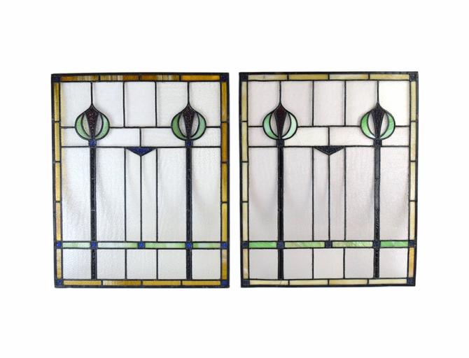 Pair Antique Art Nouveau Art Deco Stained Glass Windows Vertical Scepters Stylized Flowers From Prairieland Art Antiques Of Glenview Il Attic