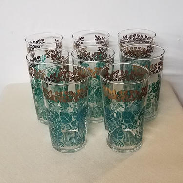 Vintage 1950s Green Ivy Drinking Glasses Set of 8 Tumblers