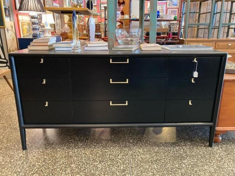 Black painted mid century 9 drawer dresser. 62” x 19” 31”