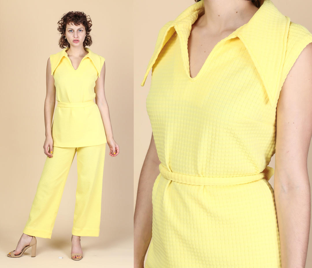 70s Mod Two Piece Outfit - Large, Vintage Yellow High, Flying Apple  Vintage