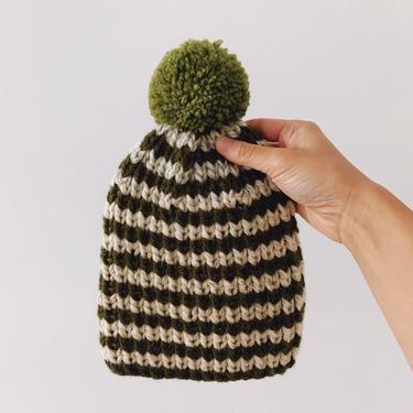 Little Minnows Hand Knit Baby Beanie Hat // Forest Green Stripe with Pompom 
