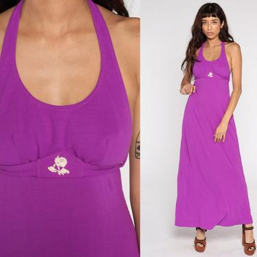 Purple Halter Dress 70s Long Dress Floral Applique 1970s Maxi Party Disco Dress Boho Empire Waist Vintage Bohemian Extra Small xs 