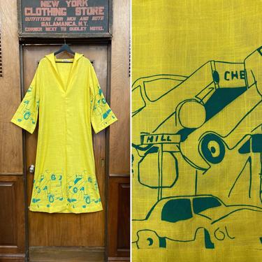 Vintage 1960’s Hot Rod Car Screen Printed Mod Hooded Outfit Dress, Hot Rod Print, 1960s Dress, Hooded Dress, Bell Sleeve, Mod 