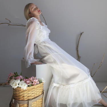 70s white prairie chiffon wedding dress / sz XS S 