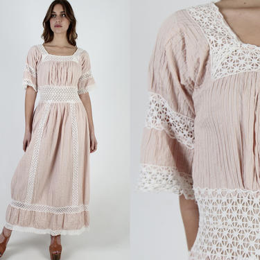 Mauve Bell Sleeve Mexican Dress / Crochet Lace Quinceanera Dress / 70s Ethnic Wedding / Festival Pintuck Beige Cotton Fiesta Maxi Dress 