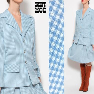 Sassy Vintage 70s Blue Houndstooth Plaid Skirt Set Suit 