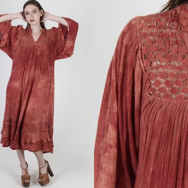 Rust Color Angel Sleeve Gauze Dress / Thin Big Slv Cotton Dress / Crochet Tie Dye Dress / Vintage 80s Kimono Beach Maxi Dress 
