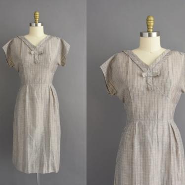 vintage 1950s dress | Gray & Beige Stripe Print Cocktail Party Pencil Skirt Dress | Medium | 50s vintage dress 