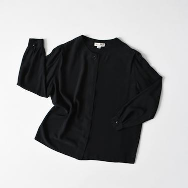 vintage black silk shirt, collarless button down blouse, size L 