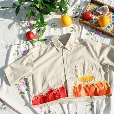80s Tan Orange Yellow Hand Embroidered Crop Top Vintage Reworked Blouse 