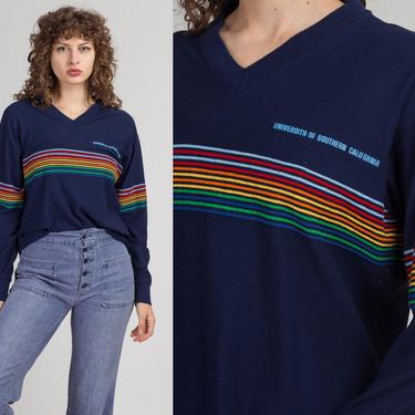 70s 80s Rainbow Striped USC Shirt - Extra Large | Vintage Navy Blue Retro Long Sleeved Graphic University Tee 