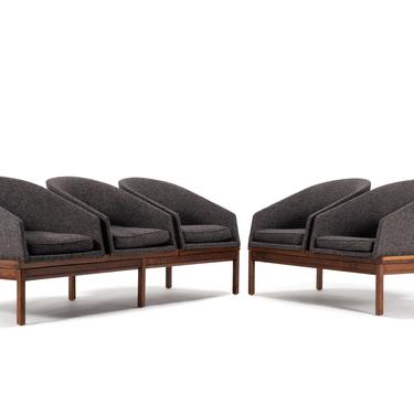 Three (3) Seat and Two (2) Seat Modular Benches Attributed to Arthur Umanoff in Walnut & New Charcoal Tweed Upholstery 