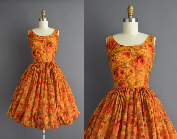 vintage 1950s Gorgeous orange floral print full skirt cocktail party Simplicity is Bliss Long Beach CA