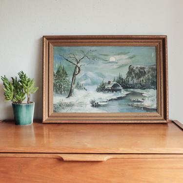 Vintage Framed Mountain Painting Signed Foy Scout 