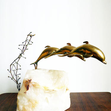 Mid Century Curtis Jere Table Sculpture Brass Dolphins and Coral on Quartz Base 