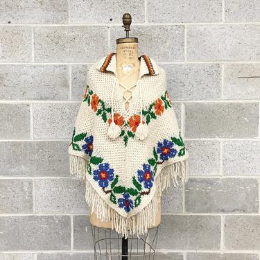 Vintage Poncho Retro 1970s Handknit + Beige + Floral Print + Fringe + Tassels + Bohemian + Hippie + One Size + Wool Cape + Womens Apparel 