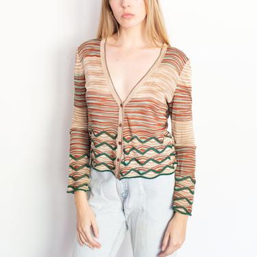 Vintage Missoni Zig Zag + Striped Knit Cardigan Sweater Button Up XS S V Neck 90s Y2K Turquoise Green Brown 