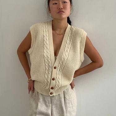 90s Dior wool sweater vest / vintage Christian Dior ivory white soft wool cable knit button front boyfriend gilet sweater vest waistcoat | L 