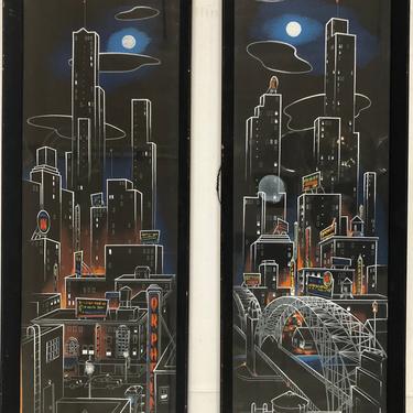 Charles Ragland Bunnell &amp;quot;Large Cityscape&amp;quot; Noir Urban Art On Silkscreen Signed Bunnell set of 2 
