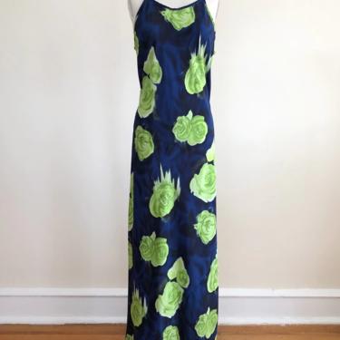 Blue and Lime Green Floral/Rose Print Maxi Dress - 1990s 