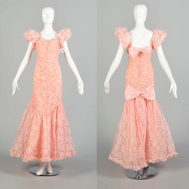 Medium 1980s Pink Lace Puff Sleeve Formal Evening Trumpet Skirt Prom Dress 