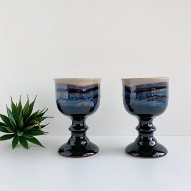 Pair of Vintage Pottery Goblets, Blue Stemware, Ceramic Wine Glasses 