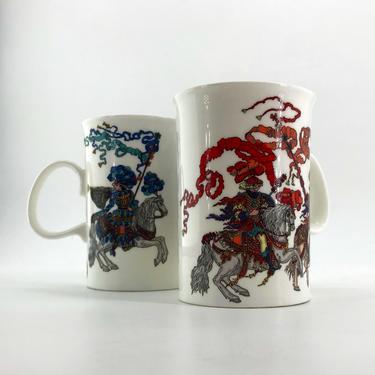 1 Gucci Mug Vintage 1980s Fine Bone China Coffee Tea Cup Blue + Red Knight Designs Gold Trim Mid-Century Luxury Lux Medieval GG 