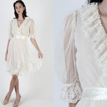 Romantic Country Swiss Dot Dress / Sheer Ivory Floral Lace Dress / Vintage 70s Puff Sleeve Gown / Womens Wrap Mini Midi Dress 