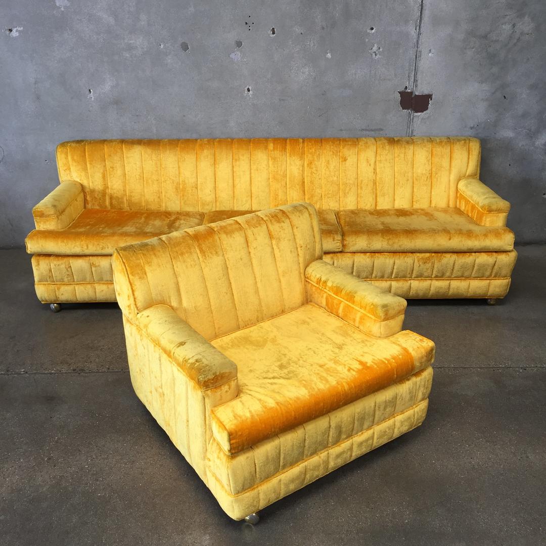 Vintage Sunshine Yellow Crushed Velvet Sofa Chair Urban Americana Long Beach CA