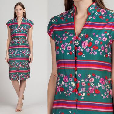 70s Tori Richard Floral Hawaiian Dress, As Is - Small | Vintage Cap Sleeve Button Front Boho Knee Length Dress 