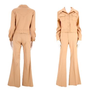 70s H BAR C tan studded western bell bottom suit M / vintage 1970s cowgirl flare pants jacket outfit 6 unisex 