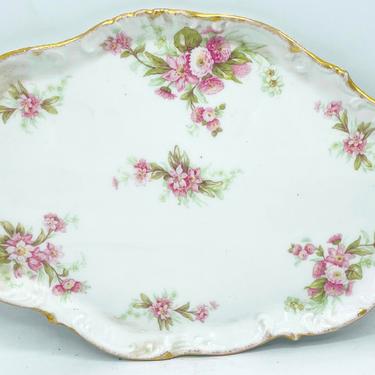 Vintage Limoges Dresser Tray- Gold and White Porcelain-Pink Flowers 10 3/4&quot; X 7.5&quot;Oval Tray Pink Roses Great Condition 
