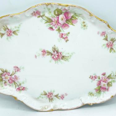 Vintage Limoges Dresser Tray- Gold and White Porcelain-Pink Flowers 10 3/4&amp;quot; X 7.5&amp;quot;Oval Tray Pink Roses Great Condition 
