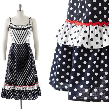 Vintage 1970s Sundress | 70s does 1950s Polka Dot Color Black Cotton Tiered Spaghetti Strap Fit and Flare Day Dress (small/medium) 