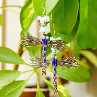 Vintage Chinese Gilt Sterling Silver Filigree Articulated Blue Enamel Dragonfly Dangle Earrings, Opalescent Blue Glass Stones, s925, 3&amp;quot; L 