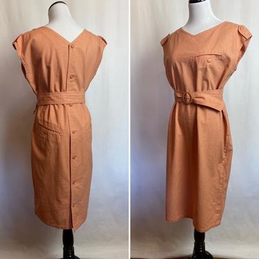 Peachy dress 1980’s-90’s new wave structured boxy Unique design~ buttons down the back cinched belted waist minimal cotton abstract size M 