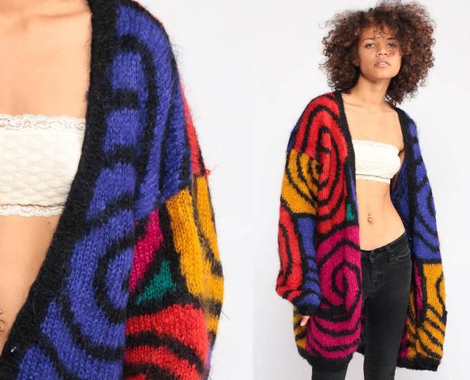 Mohair Sweater Jacket 80s Cardigan Sweater Color Block SWIRL Print Shop Exile Tucson AZ