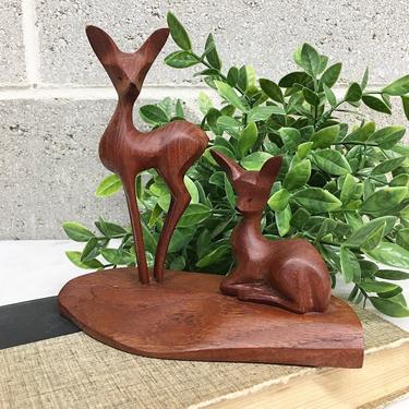 Vintage Statue Retro 1960s Hand Carved + Wood + Doe and Fawn + Deer + Figurine + Sculpture + Home and Shelving Decor 