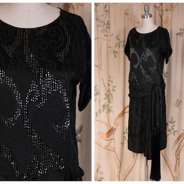 1920s Dress - The Nighteyes Dress - Gorgeous Silk Velvet Brocade Beaded Black Flapper Cocktail Dress Draped Drop Waist and Fringed Sash 