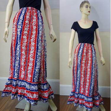 Vintage full length hippie peasant skirt size XS, handmade cottagecore floral long skirt in red white &amp; blue cotton, pull on stretch waist 