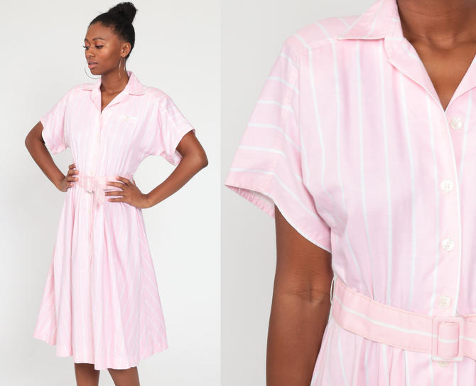 Striped Shirt Dress 80s Pastel Baby Pink Dress Button Up Shop