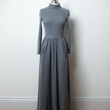 1970s Knit Dress / 70s Gray Angora Maxi Dress 
