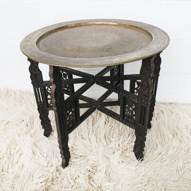 Vintage Mid-Century Round Brass Coffee Table with Folding Base with Carved Detail 