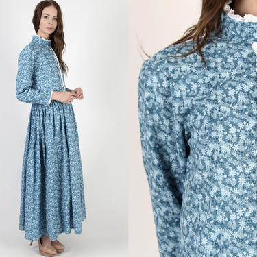 Blue Pilgrim Inspired Dress / Americana Style Homespun Clothing / Vintage Womens Farm Life Chore Dress / Rustic Field Work Maxi Dress 