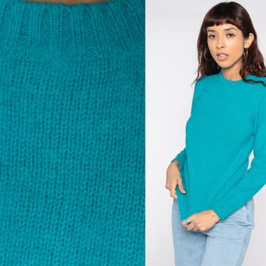 Turquoise Wool Sweater 80s Sweater Slouchy Pullover Jumper Sweater Crewneck Vintage Normcore Plain Small S 