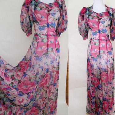 Beyond Beautiful 1930's Silk Chiffon Floral Print Gown full Skirted at the Hemline Old Hollywood glamor Size Medium 