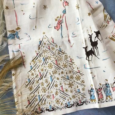 Mid Century Christmas Linen Towel, Angels With Trumpets, Christmas Tree With Pink And Blue Angels, Choir, Tea Towel Boys 